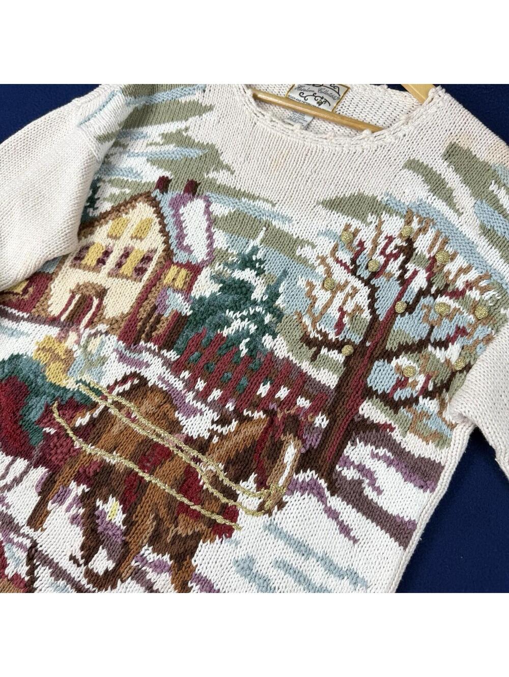 Vintage Heirloom Collectibles Horse Scene Village Knit Sweater Cottagecore Sz M - Picture 12 of 12